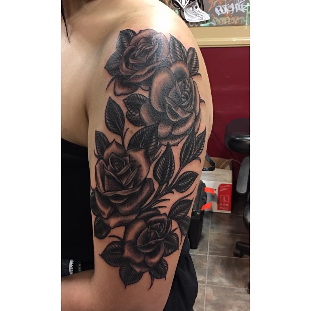 Black And Red Rose Sleeve Tattoo