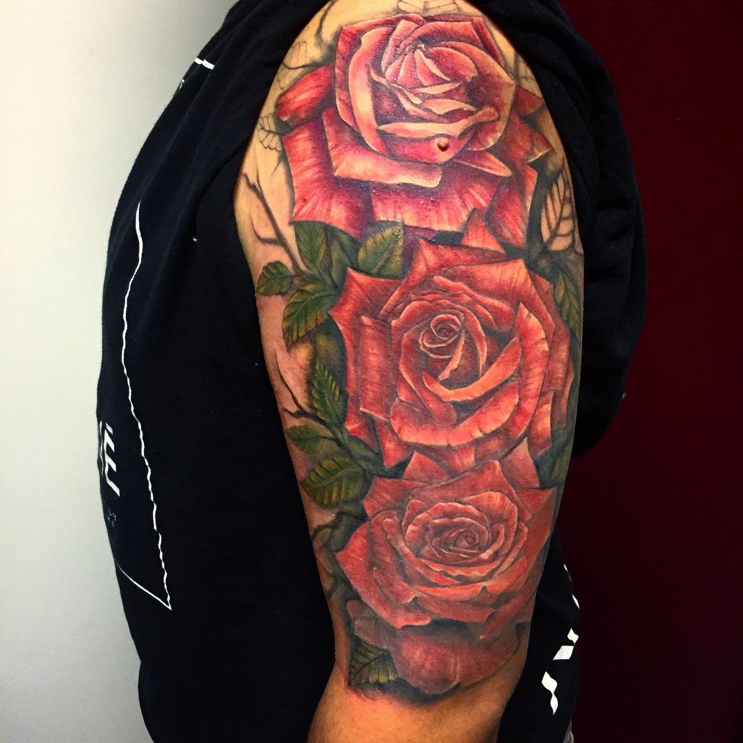 Black And Red Rose Sleeve Tattoo