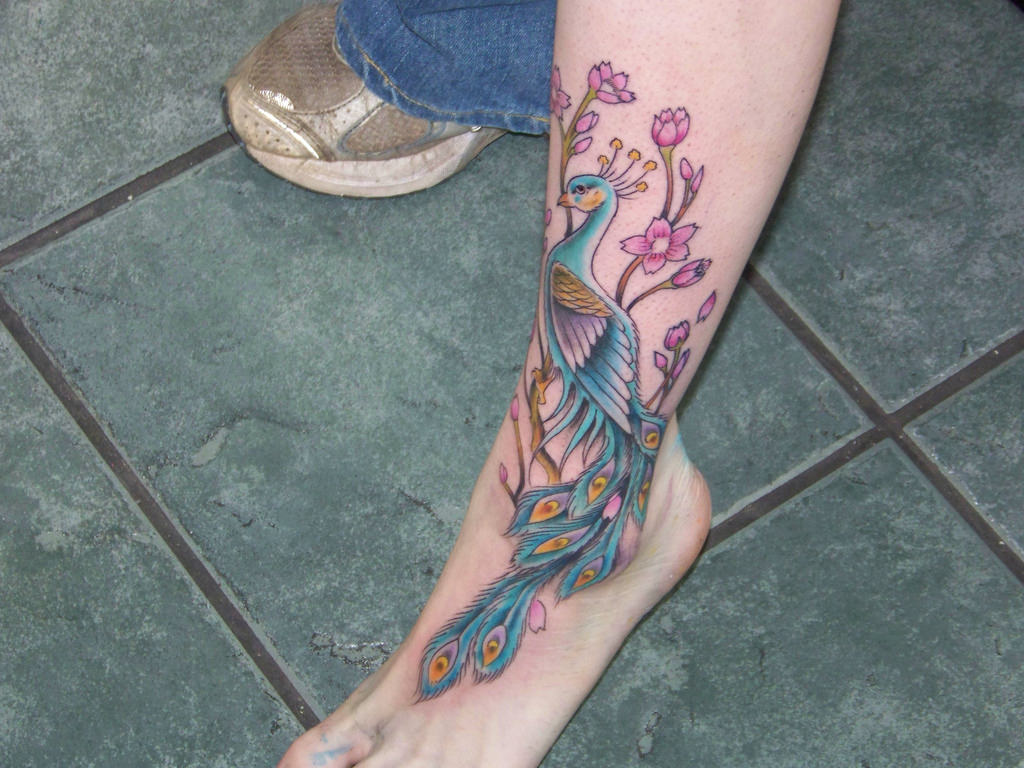 peacock and cherry blossoms tattoo