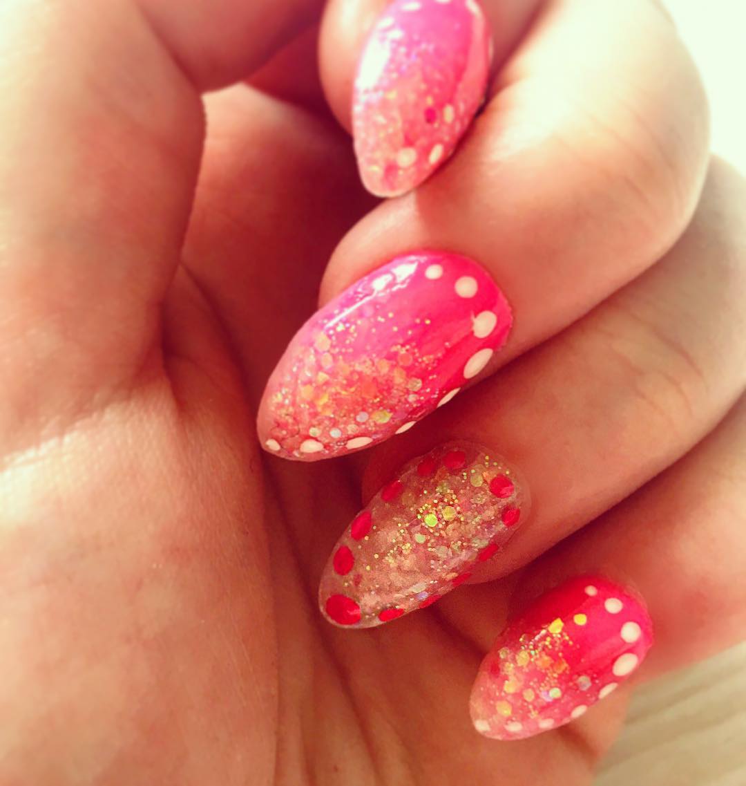 pink glossy acrylic nail design