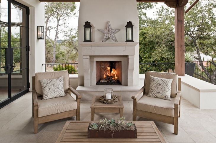 contemporary porch with fireplace