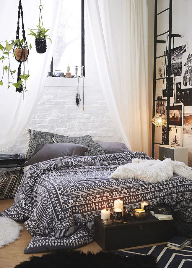 bedroom decor design with white brick wall