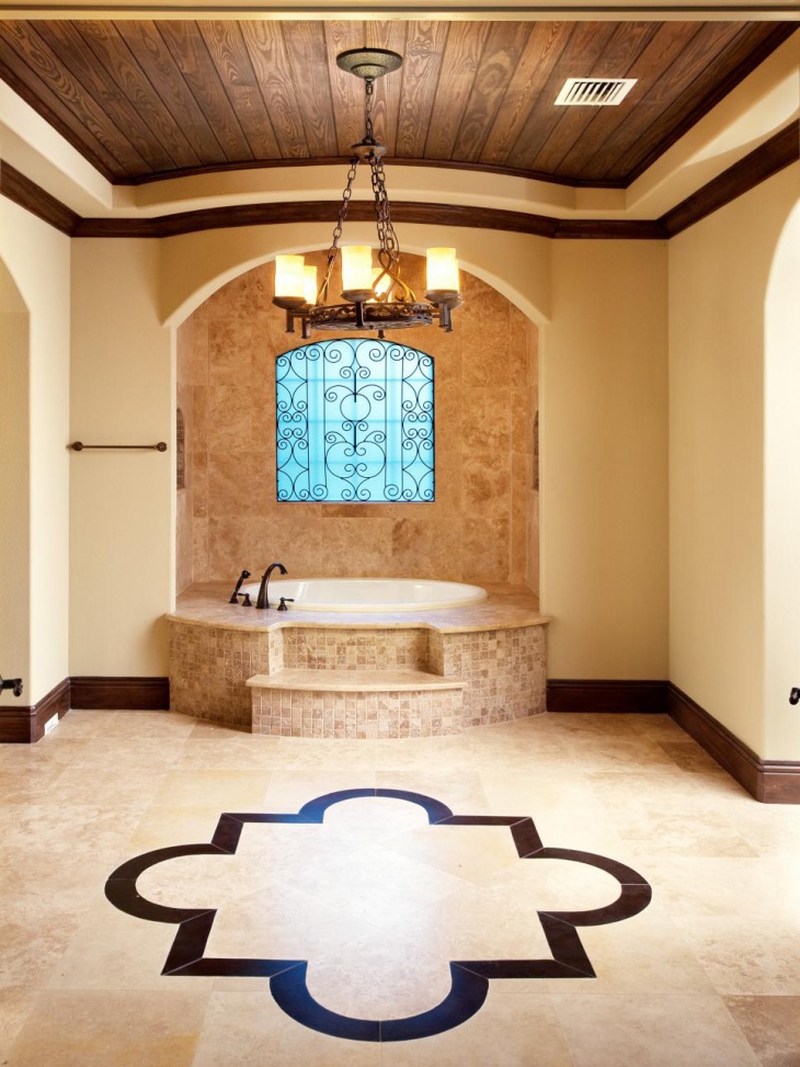 spa bathroom tiles with wood ceiling