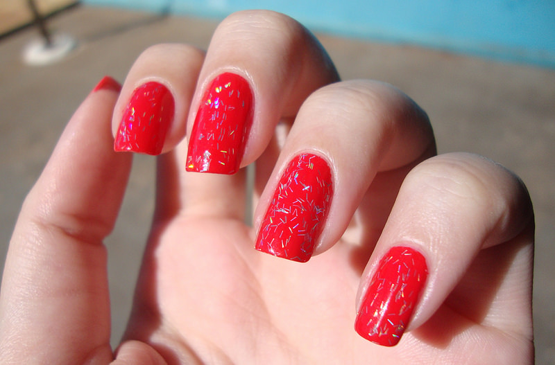pure red glitter nail design