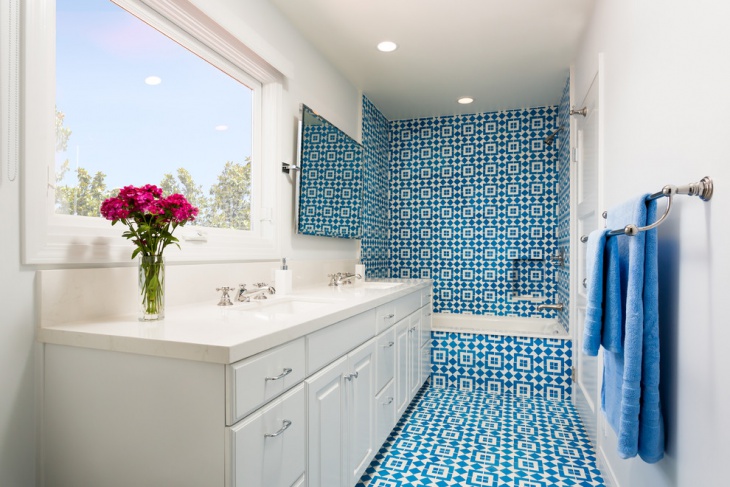 blue and white geometric tiles