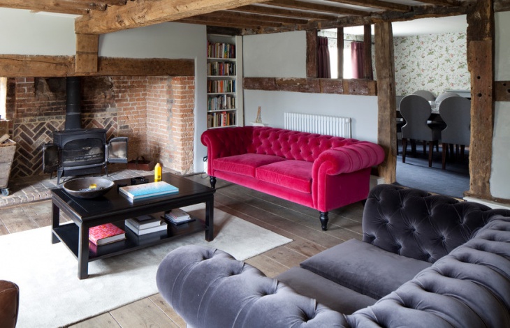 framhouse pink sofa living room