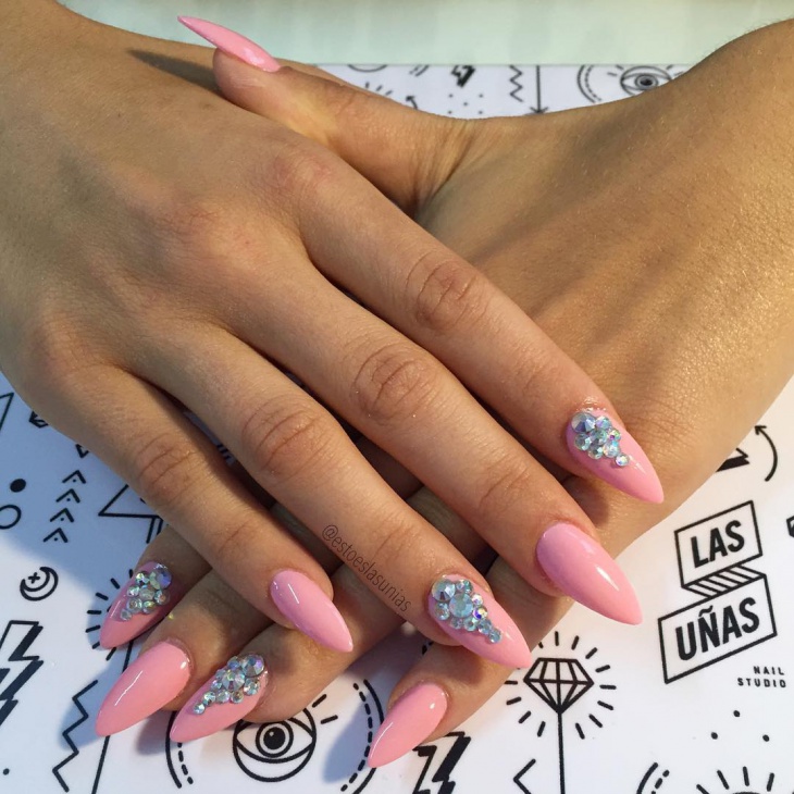 pink and crystal nail art for pointy nails