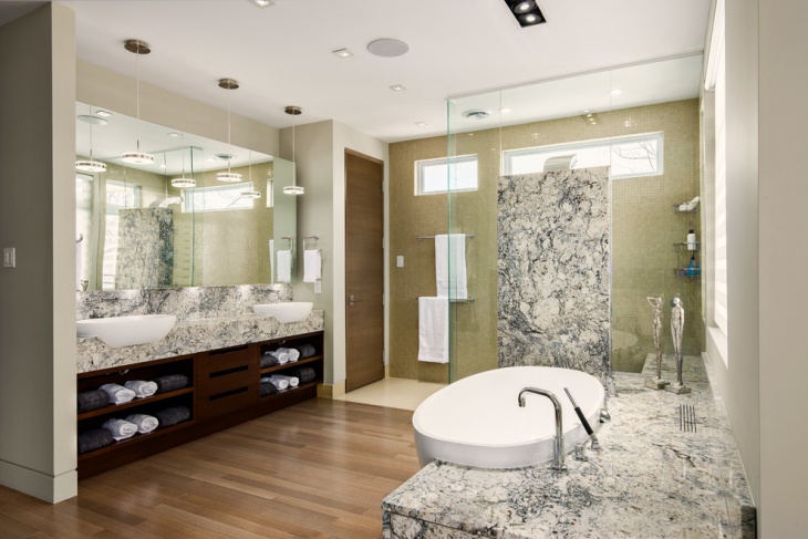 commercial bathroom with marble tiles