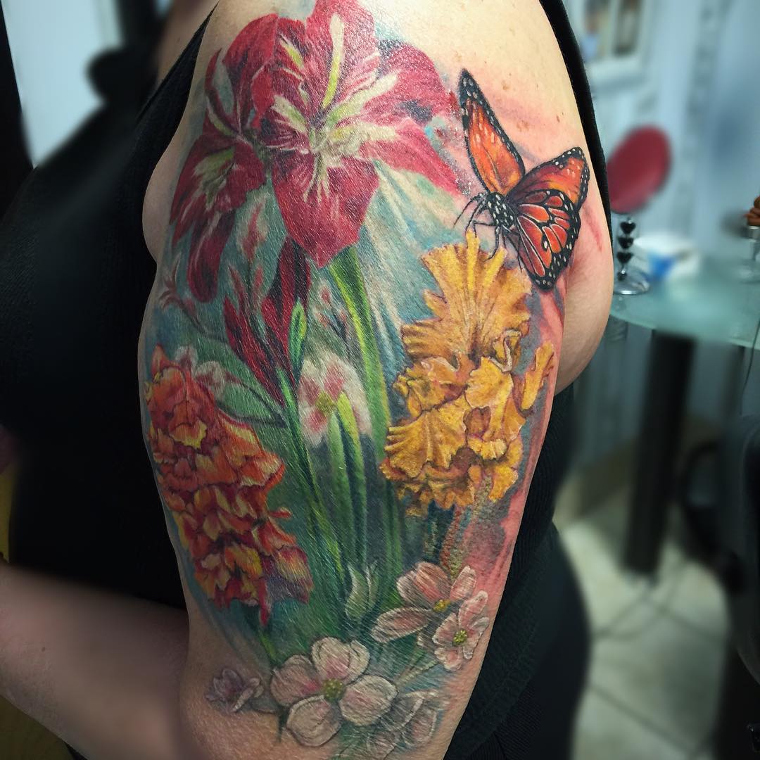 butterfly flower sleeve tattoo