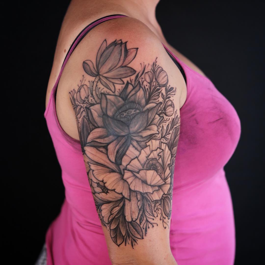 simple natural flower sleeve tattoo