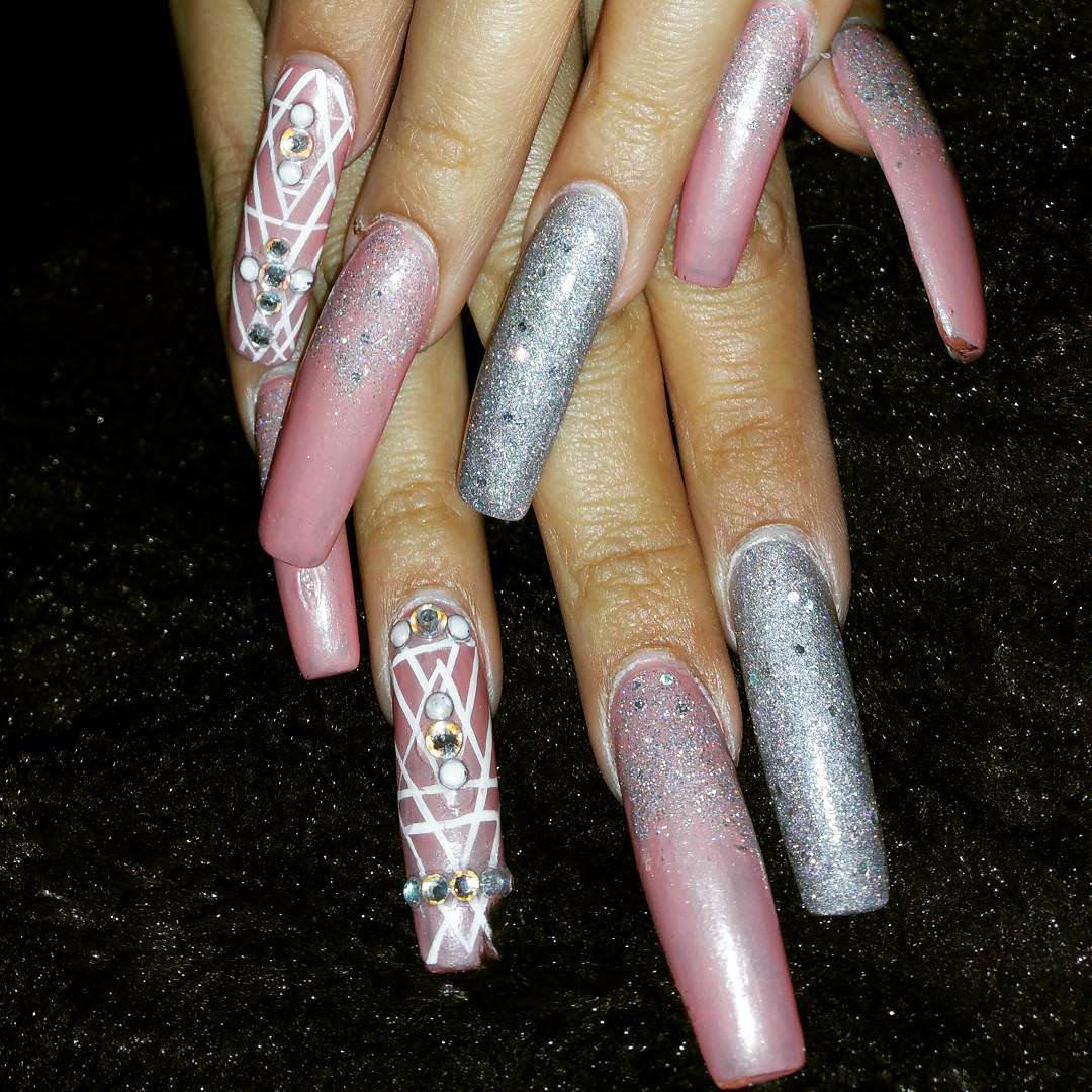 pink and silver nail design for long nails