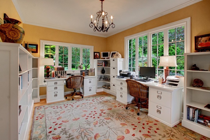 farmhouse style home office with white interior