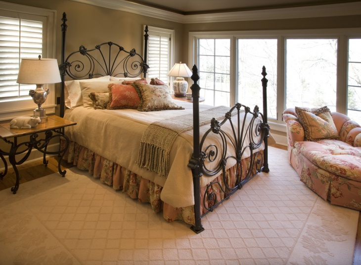 traditional bedroom with metal bed headboard