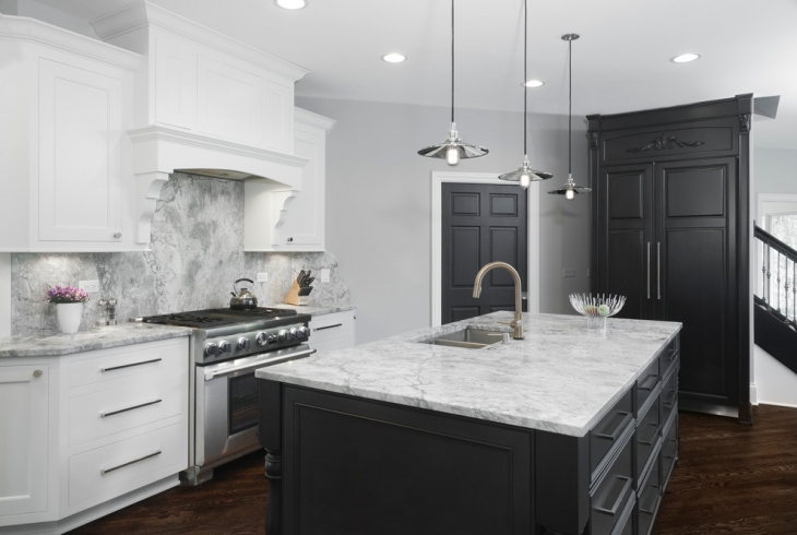 transitional kitchen with grey cabinet