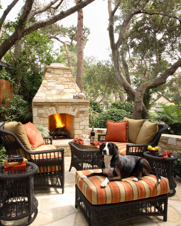 classy patio with fireplace