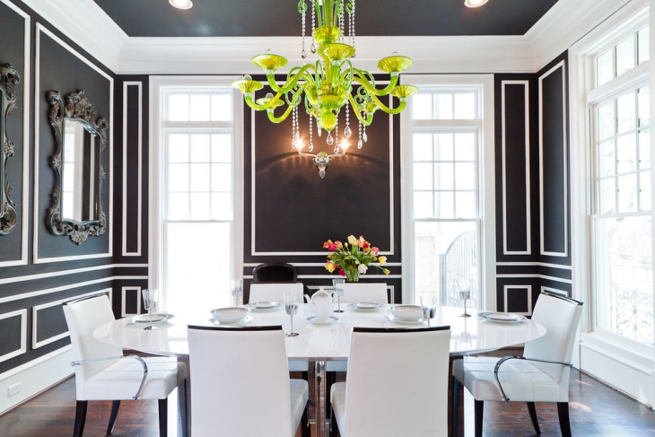luxury dining room with green chandelier 