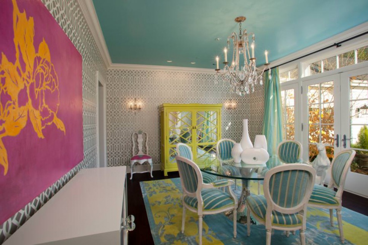 colorful room with glass dining table