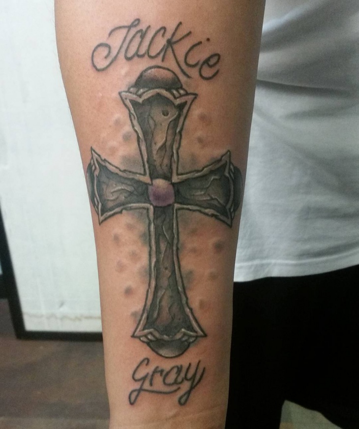 lettering cross tattoo