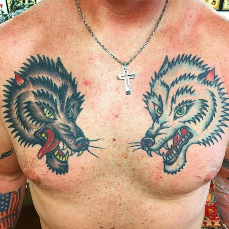 two side body wolf tribal tattoo