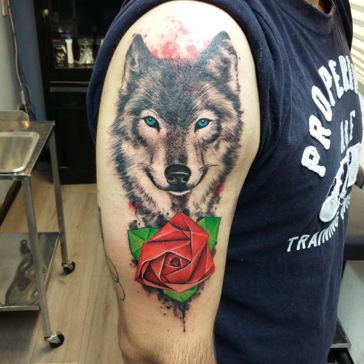 wolf tribal tattoo with rose1