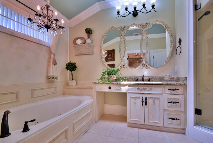 transitional master bathroom with mirrors