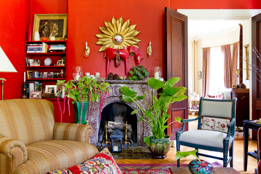 dazzling red eclectic family living room