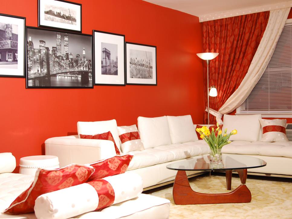 red transitional living room with white furniture