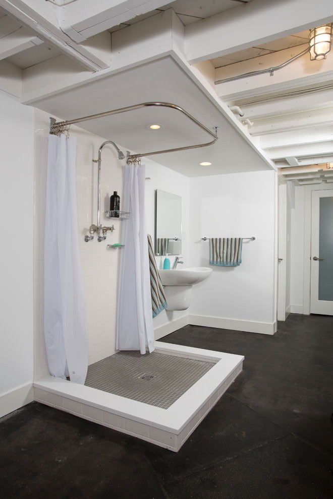 basement bathroom industrial designs remodel shower cheap ceiling exposed bathrooms simple bath floor inexpensive showers idea walls build open remodeling