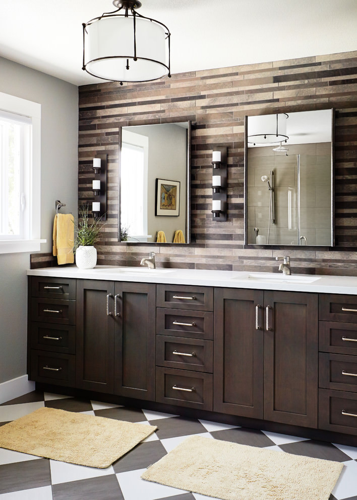 awesome brown transitional bathroom with splash