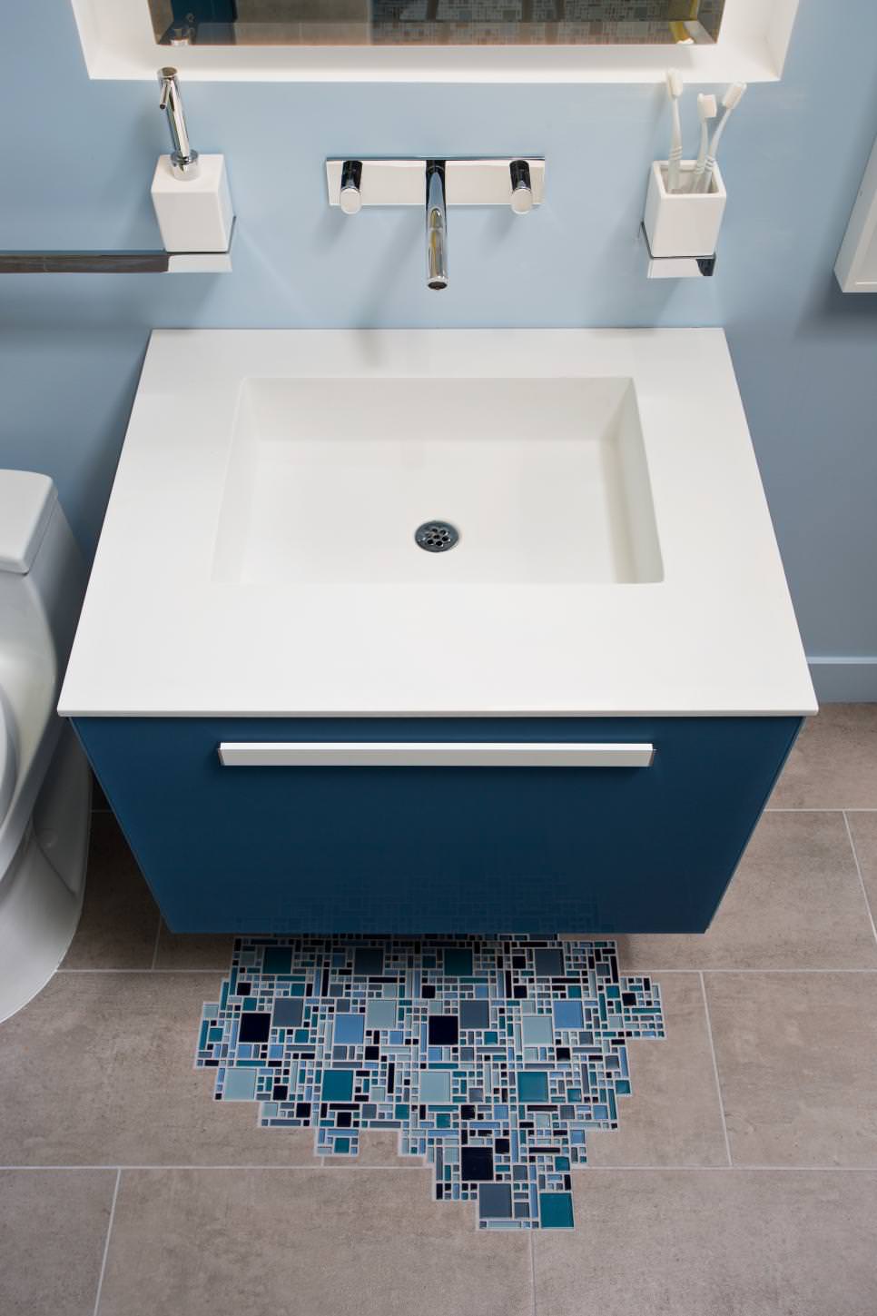 blue floating vanity bathroom splash