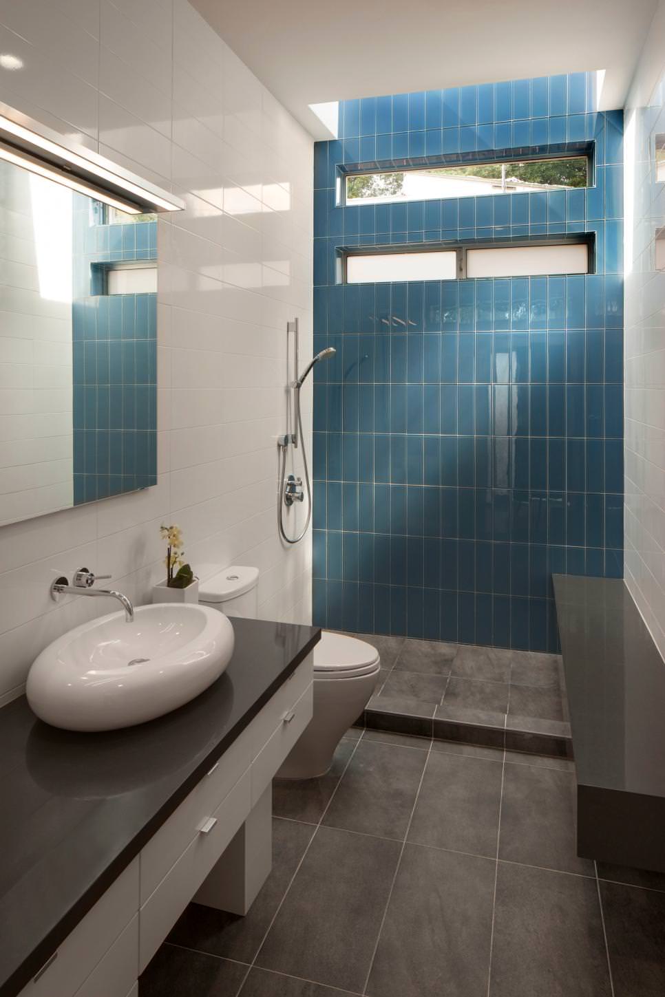 blue tile accent wall modern bathroom splash