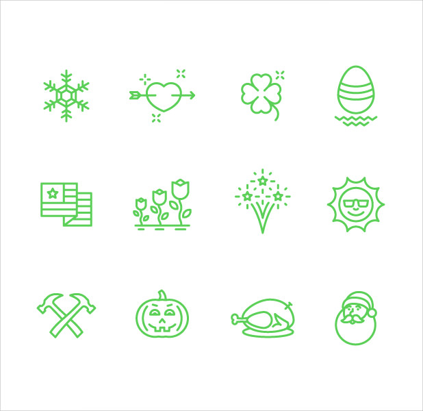 monthly based set of twelve holiday icons