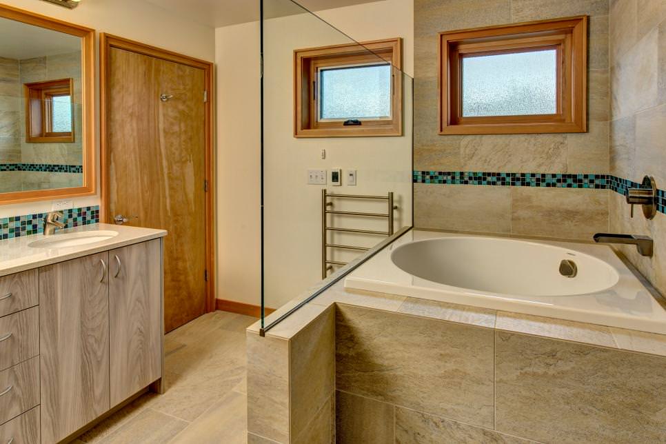 elegant master narrow bathroom design with round marble 