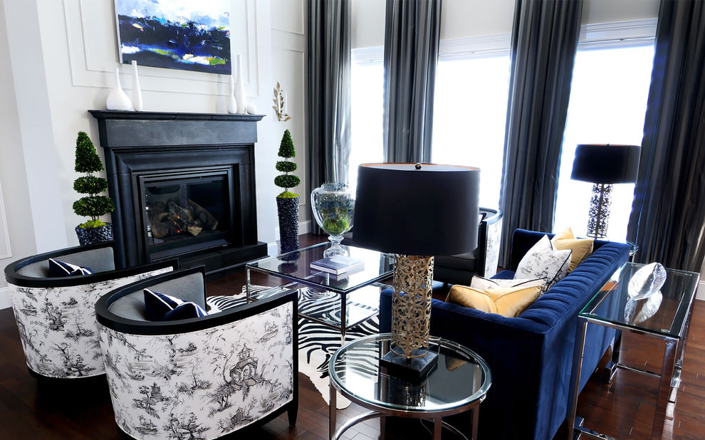 elegant blue royal sofa in contemporary living room