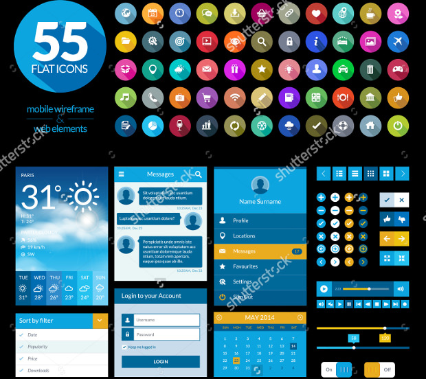 set of flat design ui elements and icons