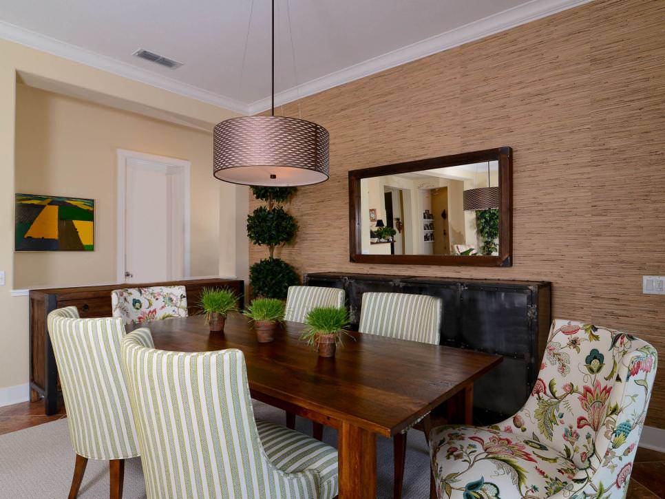transitional dining room with tropical accents
