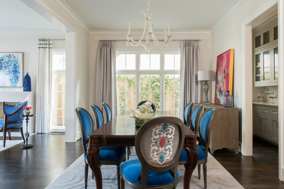 transitional blue chairs dining room design