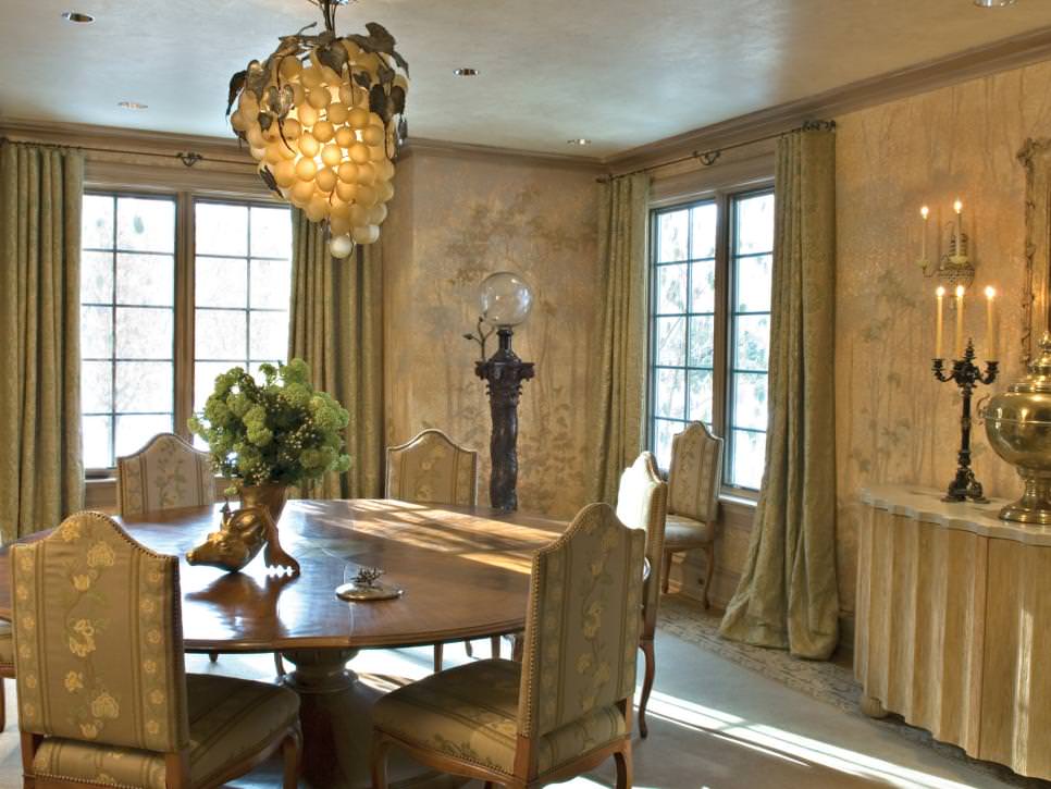 elegant dining room with grape chandelier