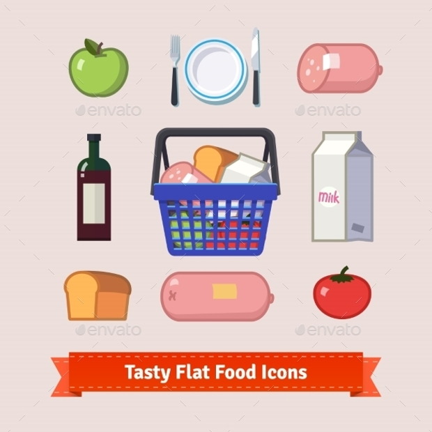 groceries and tasty food flat icon set