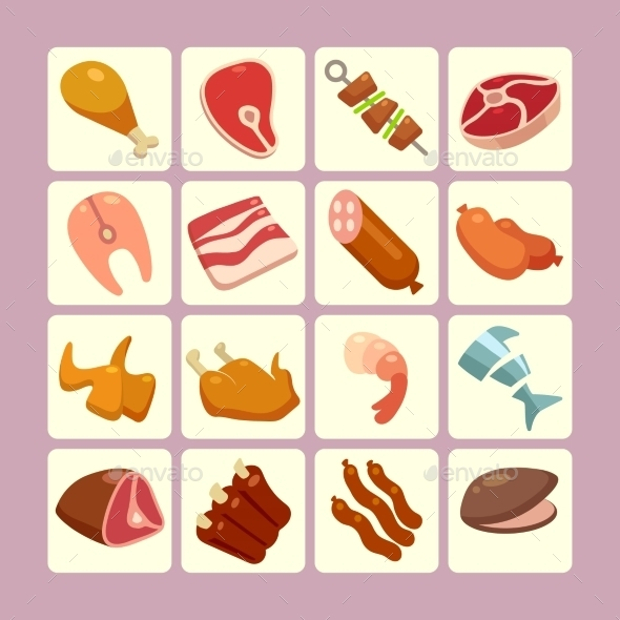 meat flat icon set
