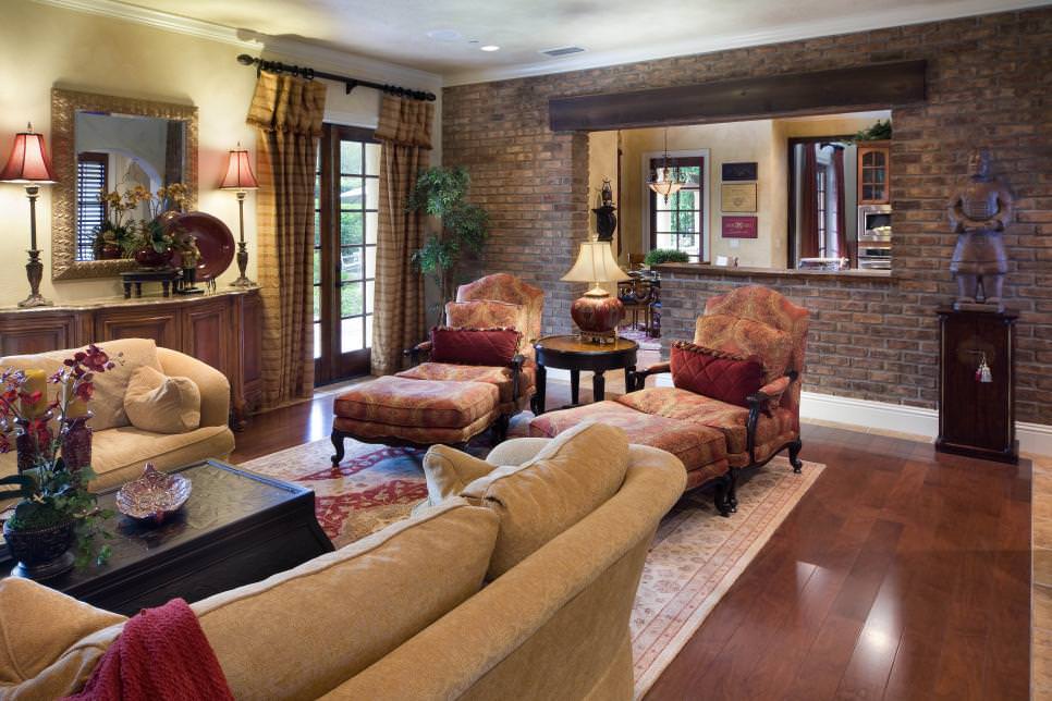 elegant living room with brick accent wall design