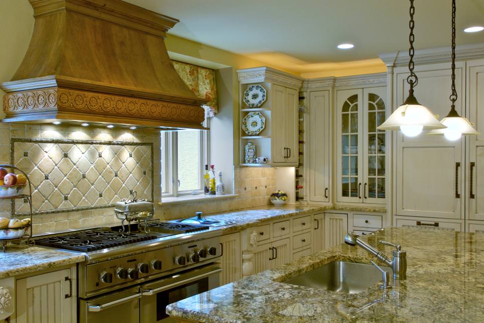 traditional eat in kitchen with stone walls design
