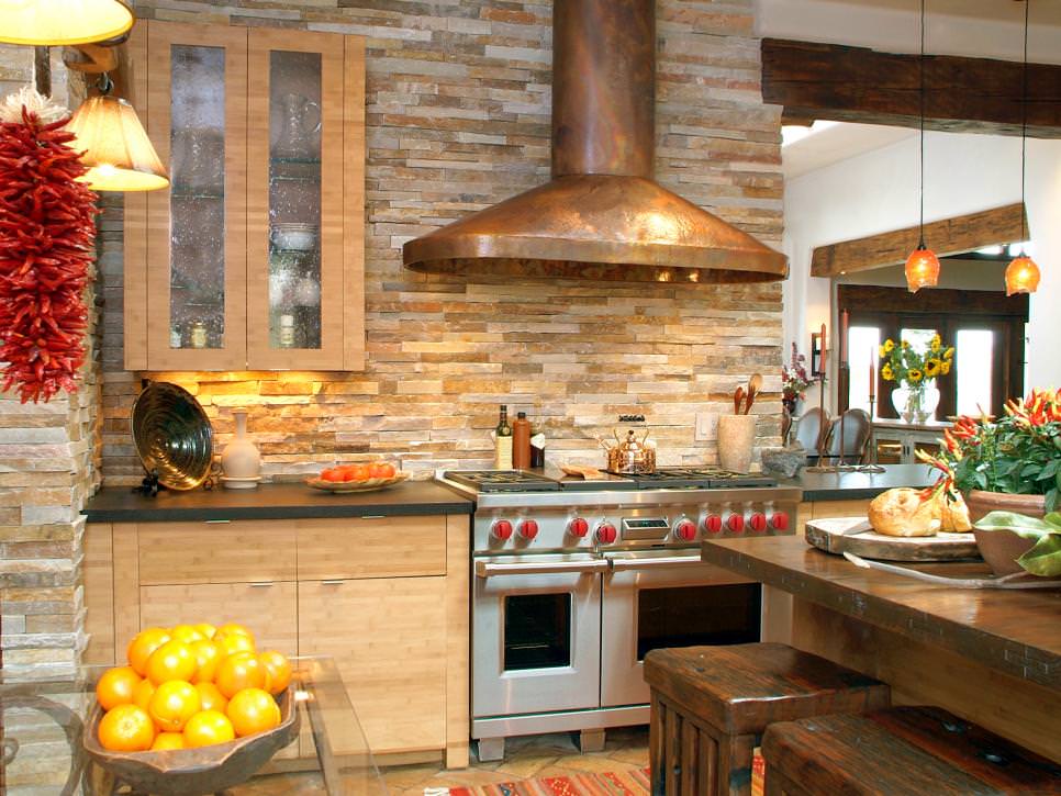 kitchen with rustic stone backsplash texture