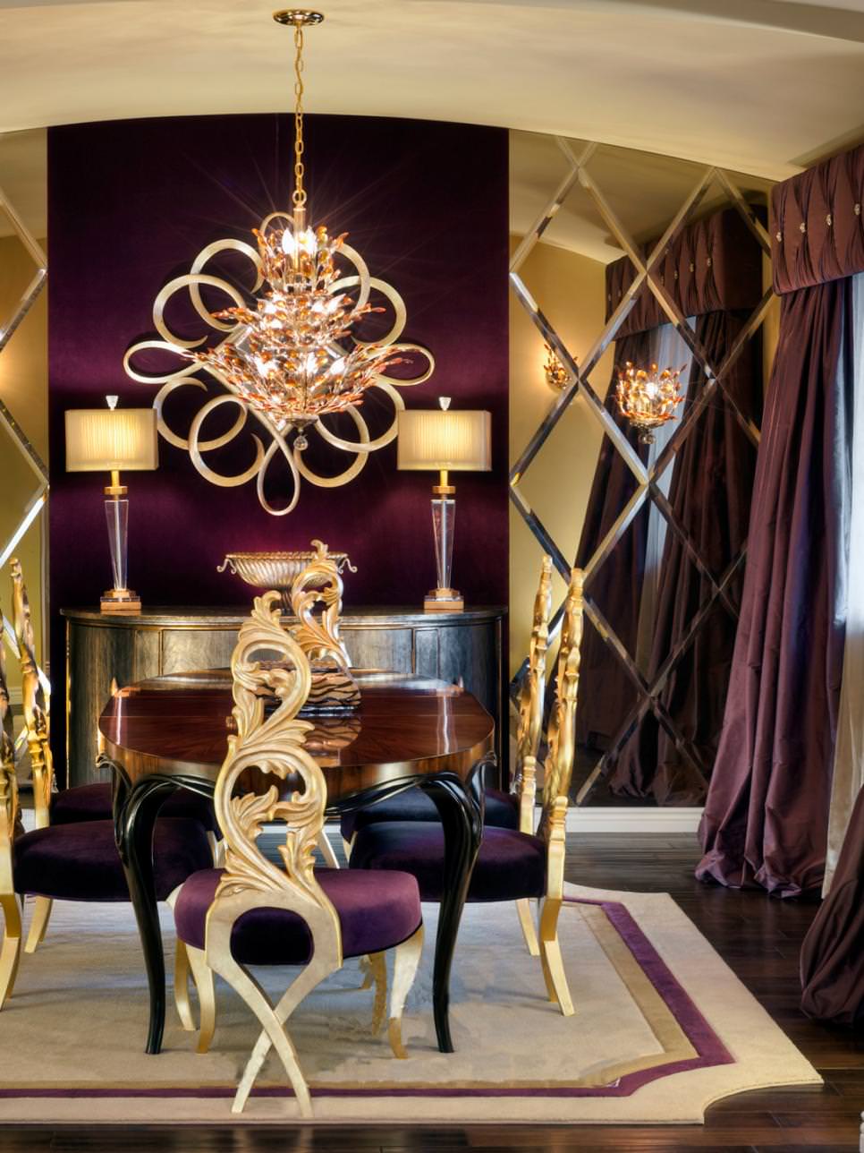 purple and gold dining room with mirrored wall
