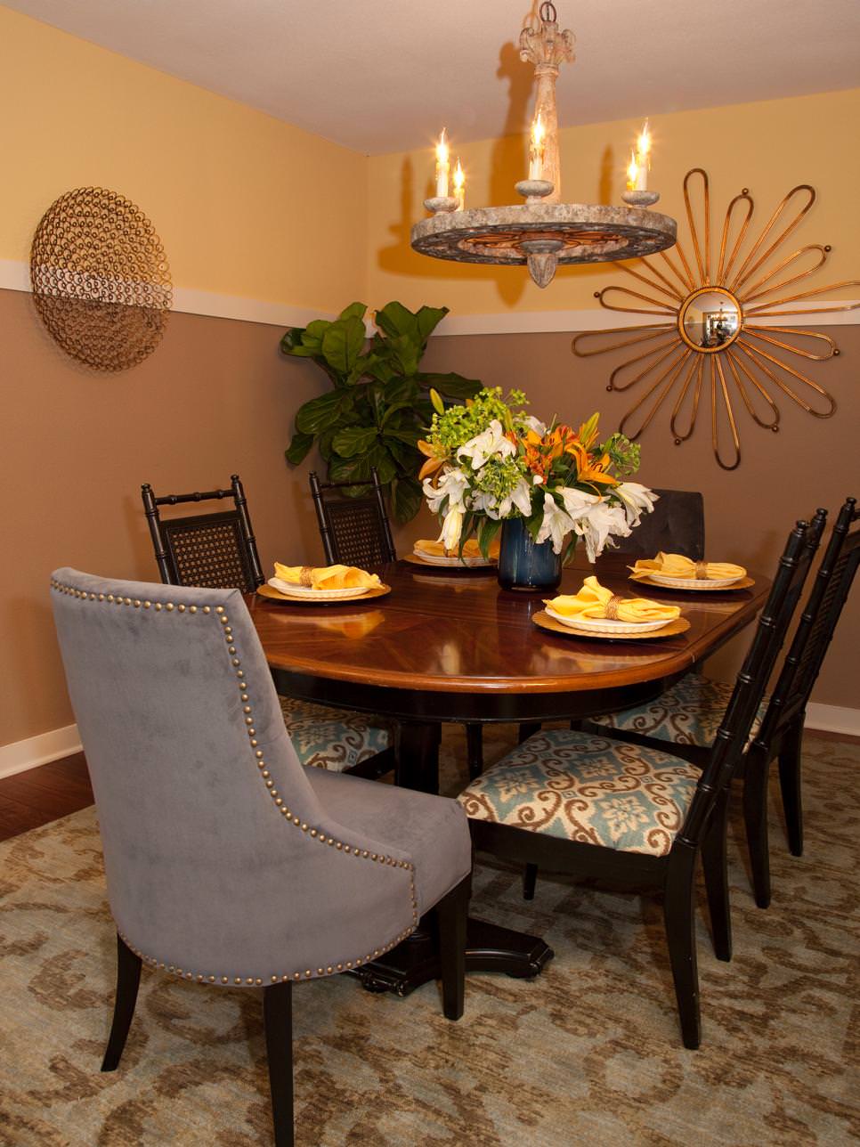 transitional dining room with two toned walls