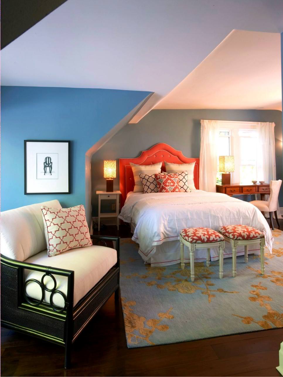 blue and orange attic bedroom design