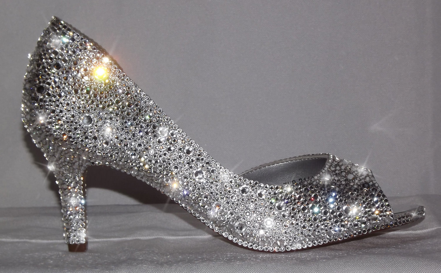 crystal shining peep toe silver high heels