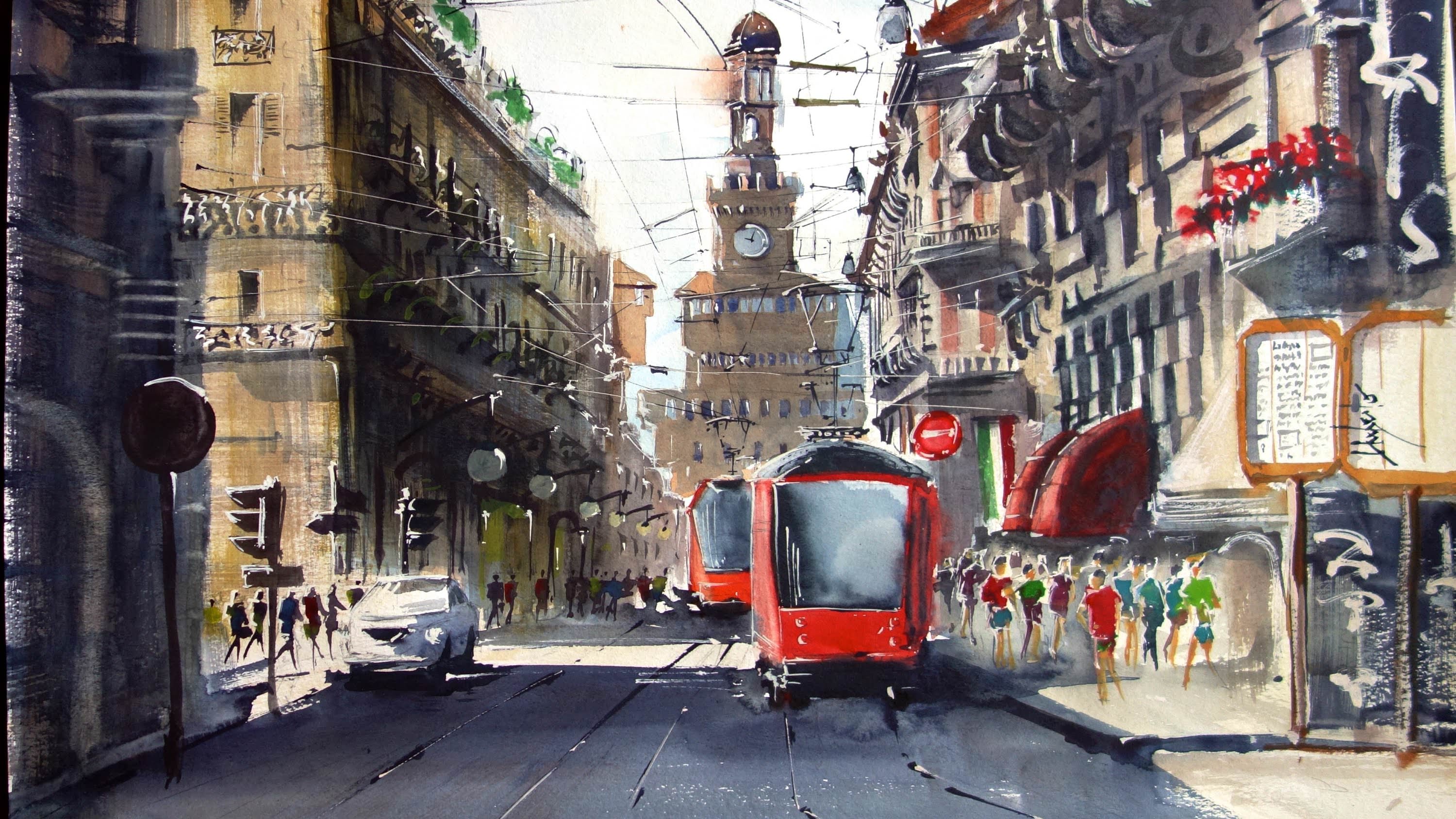 italy cityscape in milano drawing