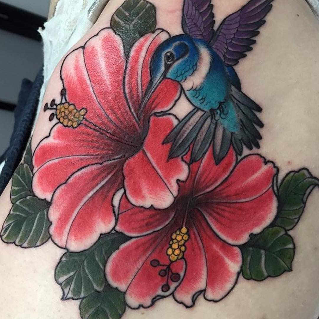 hibiscus flower design with bird tattoo