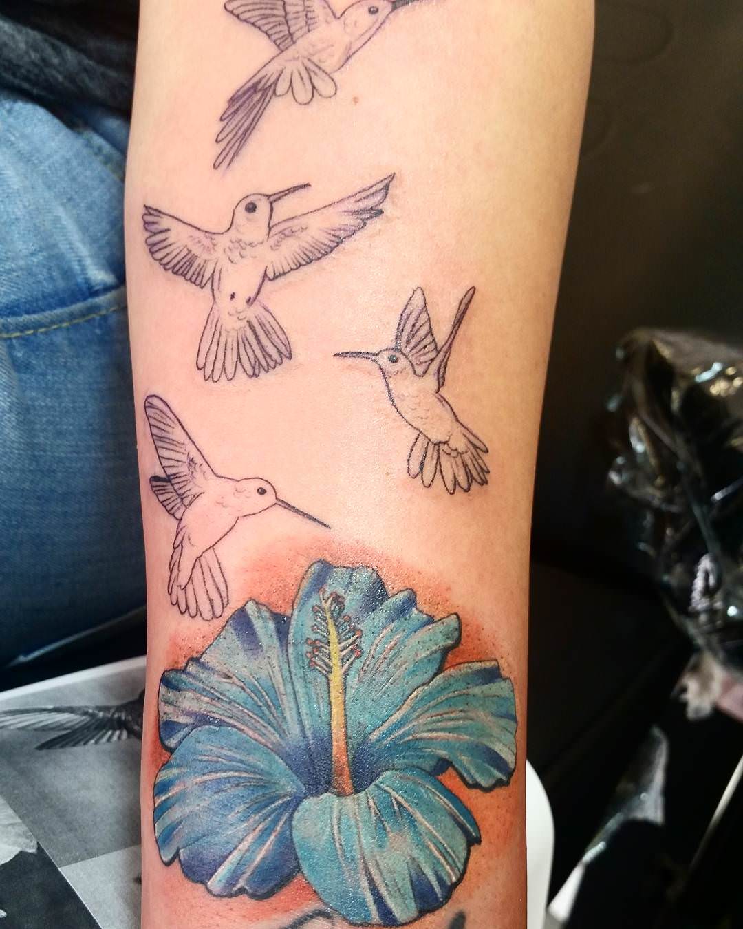hibiscus flower with birds tattoo design